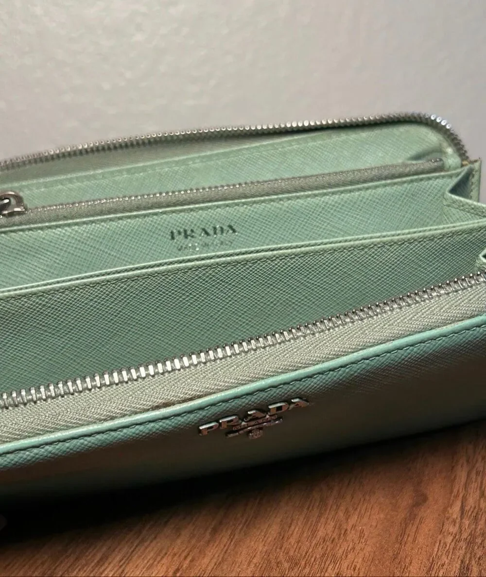 Prada Zip Around Saffiano Leather Long Wallet Green Travel Silver Logo Accent